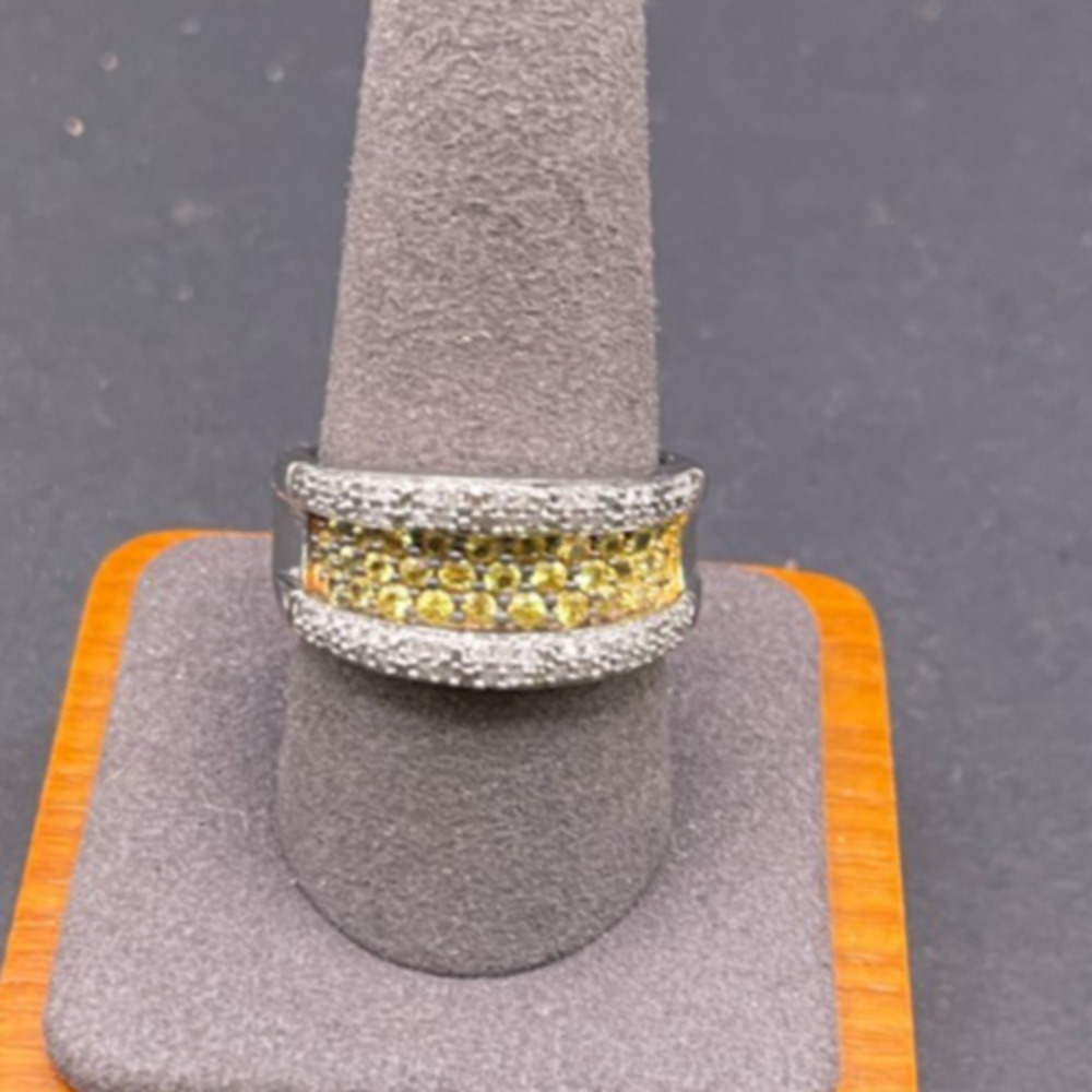 925 Sterling Silver MDJ Yellow Cubic Zirconia Pave Wide Band Ring Size 10